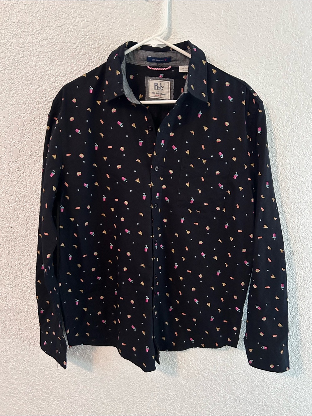 Rebel James Charli RJC Button Front Shirt Men's Size L Black Food Theme Pizza